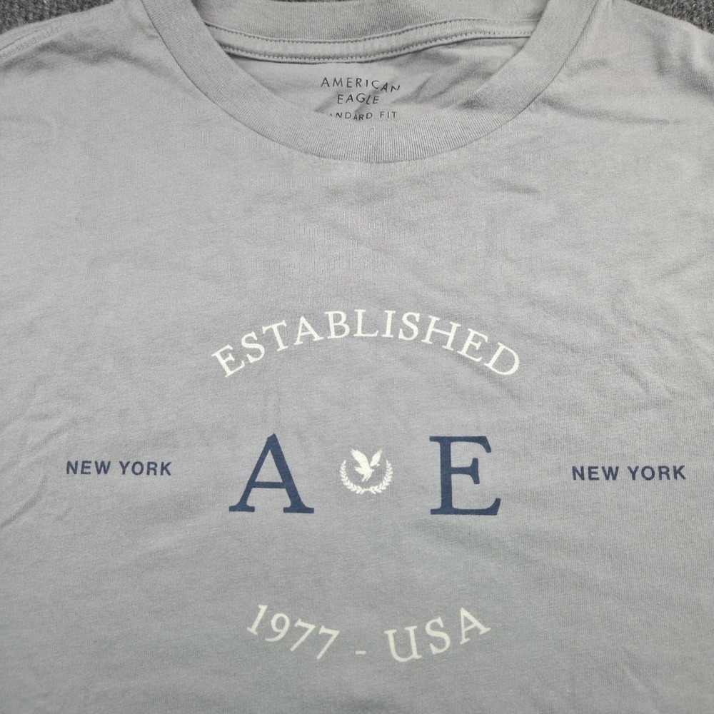 American Eagle Mens Large Grey Cotton Graphic Tee Standard Fit Short Sleeve 1977
